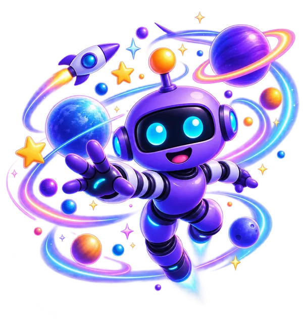 La mascotte de Haario, un petit robot violet, s'élance au milieu de planètes et d'étoiles.